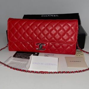 Chanel Red Clutch W Chain, Lambskin Leather, SHW.